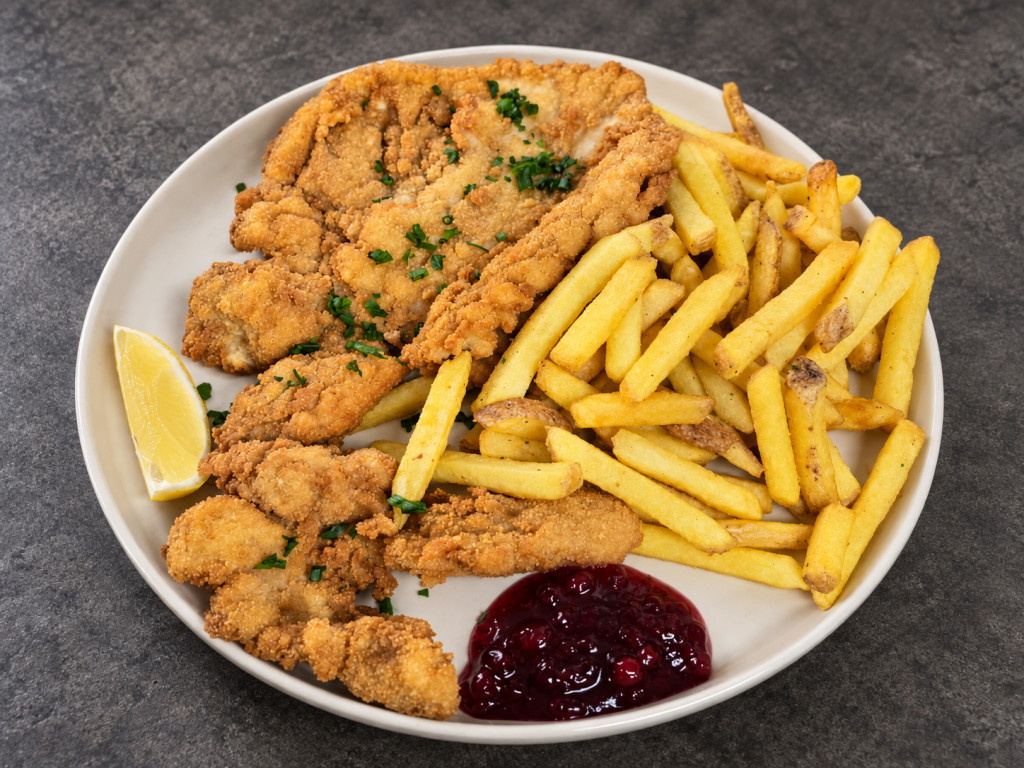Schnitzel mit Country Fries und Preiselbeeren
