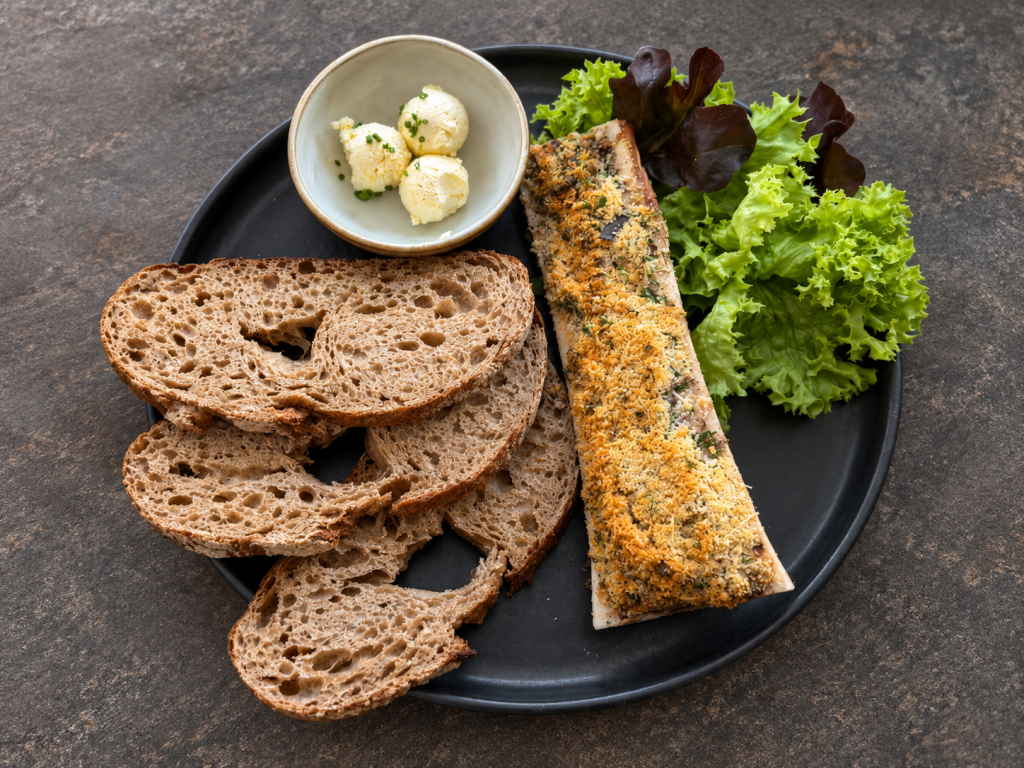 Überbackenes Markbein mit Brot, Salat und Butter